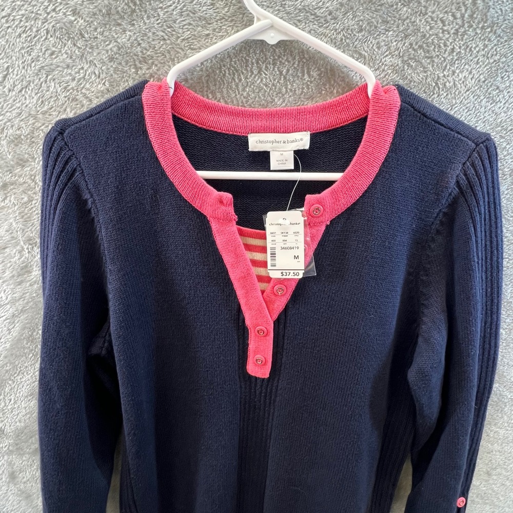 Christopher & Banks Navy Pink Henley Medium 3/4‎ Sleeve Coastal Nautical Preppy